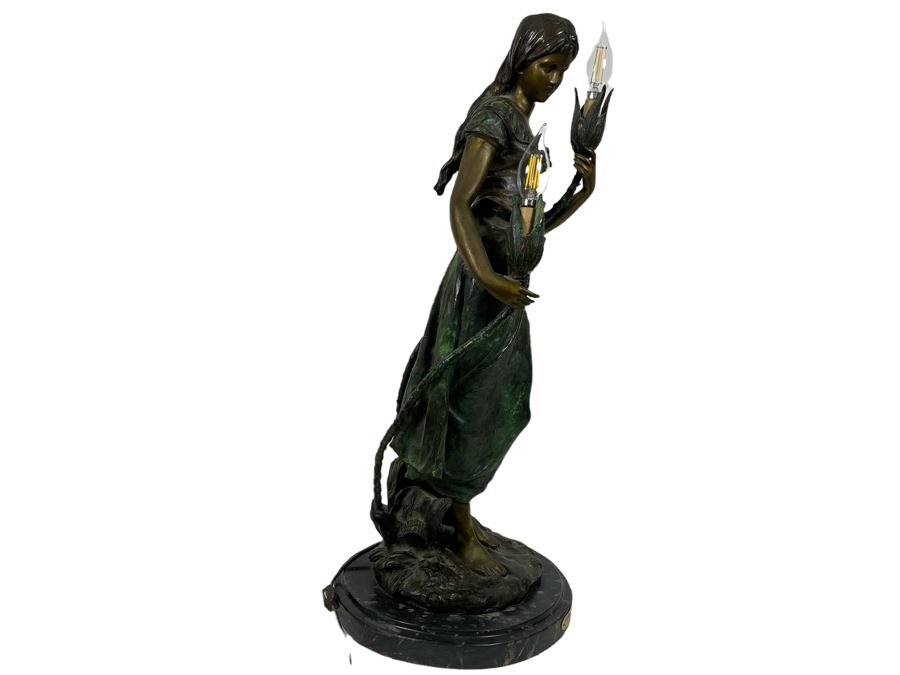 Vintage H. Moreau Bronze Table Lamp With Marble Base Titled 'Standing Mandolin Woman' Hippolyte Moreau 12W X 30H Heavy [Photo 4]
