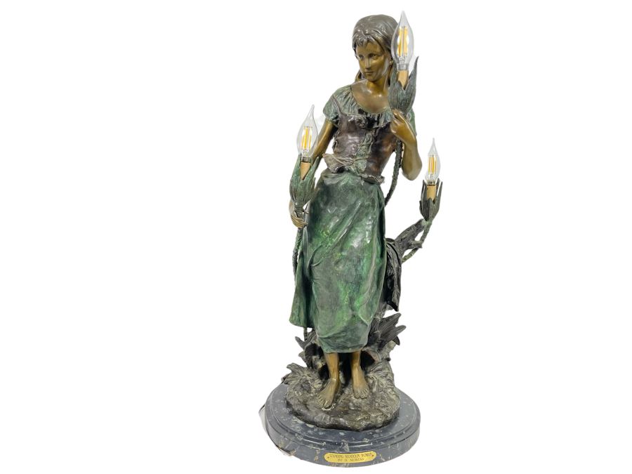 Vintage H. Moreau Bronze Table Lamp With Marble Base Titled 'Standing Mandolin Woman' Hippolyte Moreau 12W X 30H Heavy [Photo 1]