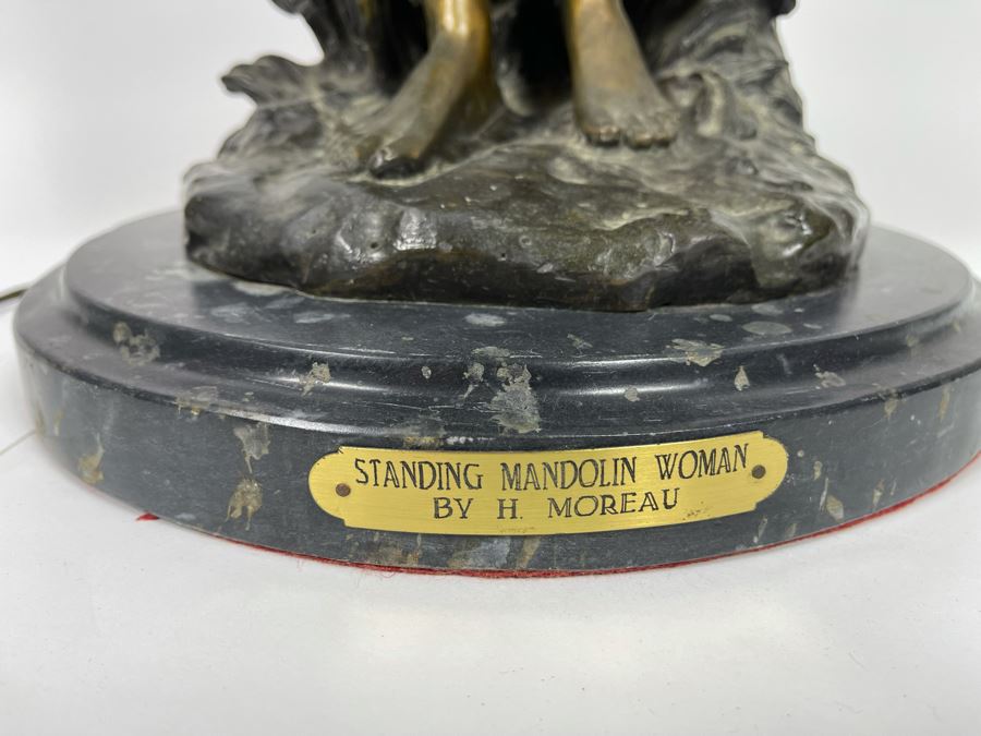 Vintage H. Moreau Bronze Table Lamp With Marble Base Titled 'Standing Mandolin Woman' Hippolyte Moreau 12W X 30H Heavy [Photo 7]