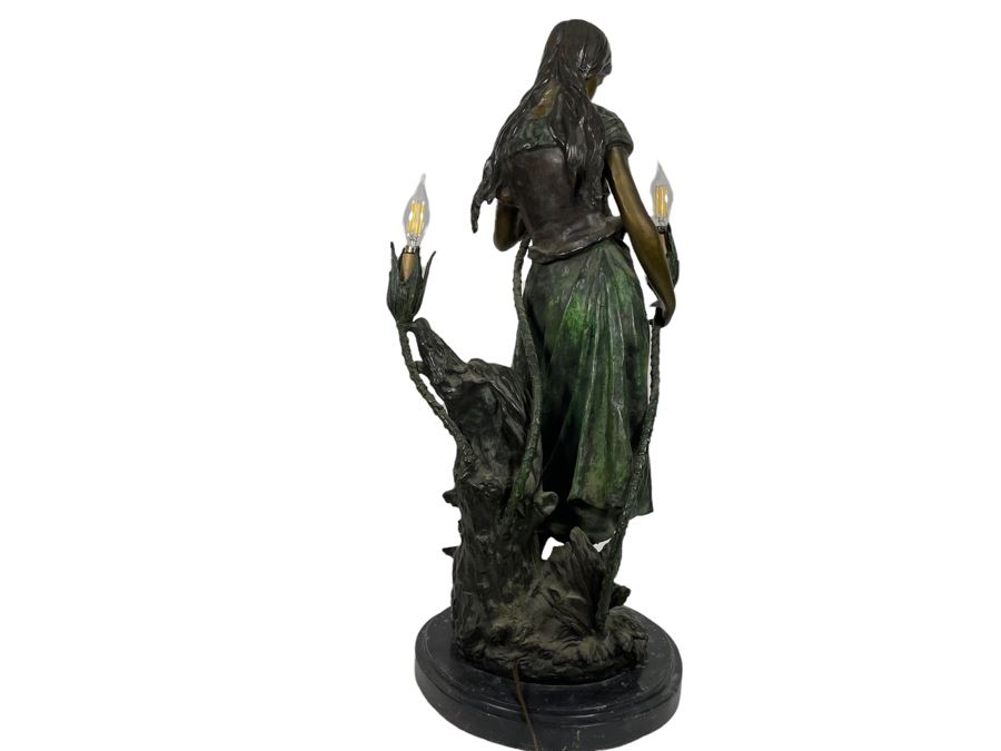 Vintage H. Moreau Bronze Table Lamp With Marble Base Titled 'Standing Mandolin Woman' Hippolyte Moreau 12W X 30H Heavy [Photo 5]