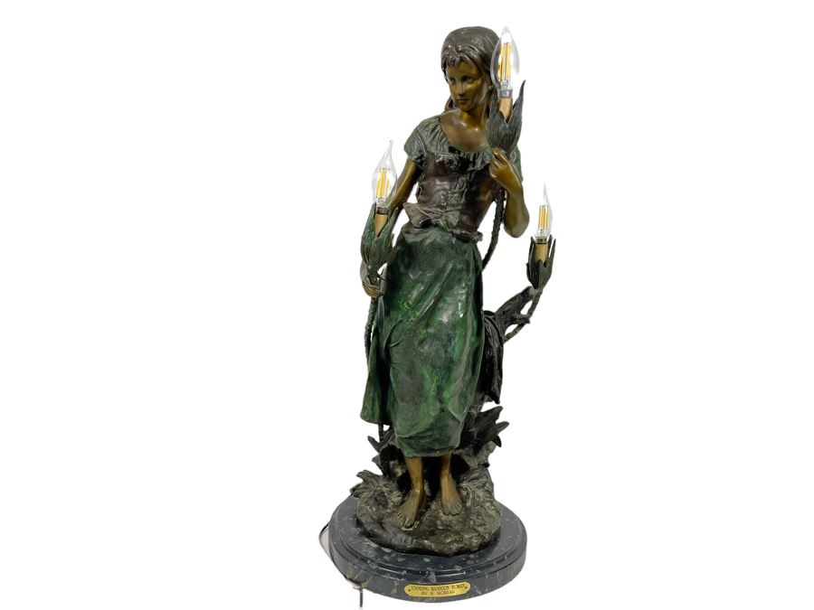 Vintage H. Moreau Bronze Table Lamp With Marble Base Titled 'Standing Mandolin Woman' Hippolyte Moreau 12W X 30H Heavy [Photo 3]