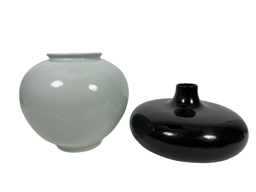 Pair Of Black 13W X 8H And White 12W X 11H Vases 