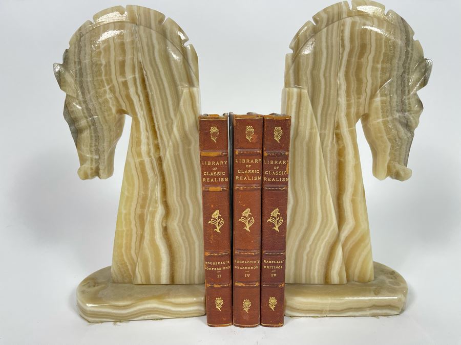 JUST ADDED - Vintage Onyx Horse Head Bookends 11H And (3) Antique 1901 Library Of Classic Realism Books
