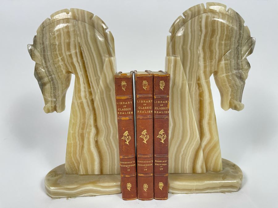 JUST ADDED - Vintage Onyx Horse Head Bookends 11H And (3) Antique 1901 Library Of Classic Realism Books [Photo 4]