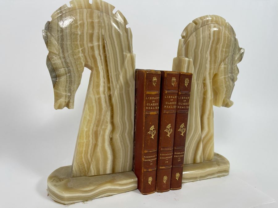 JUST ADDED - Vintage Onyx Horse Head Bookends 11H And (3) Antique 1901 Library Of Classic Realism Books [Photo 3]