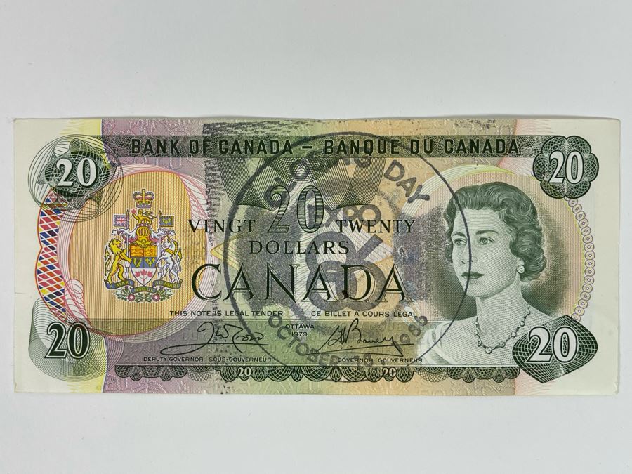 Bank Of Canada Twenty Dollar Bill Stamped Closing Day Expo 1986