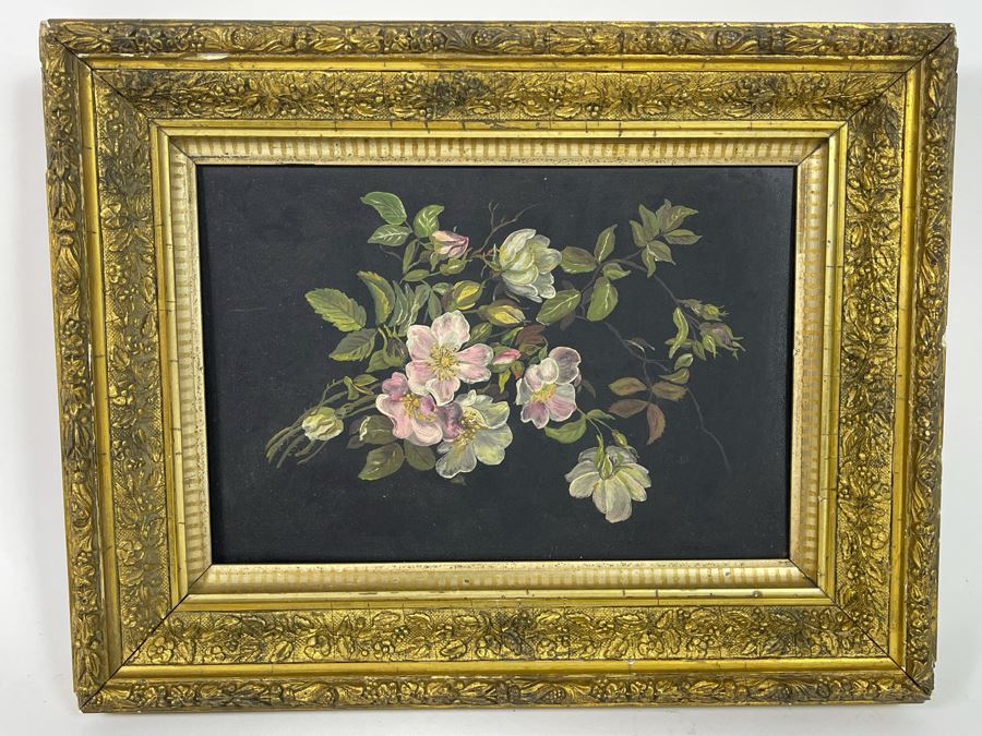 Antique Still Life Painting On Metal With Antique Gilt Wooden Frame 13.5 X 10.5 [Photo 3]