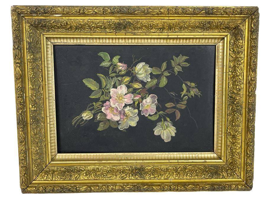 Antique Still Life Painting On Metal With Antique Gilt Wooden Frame 13.5 X 10.5