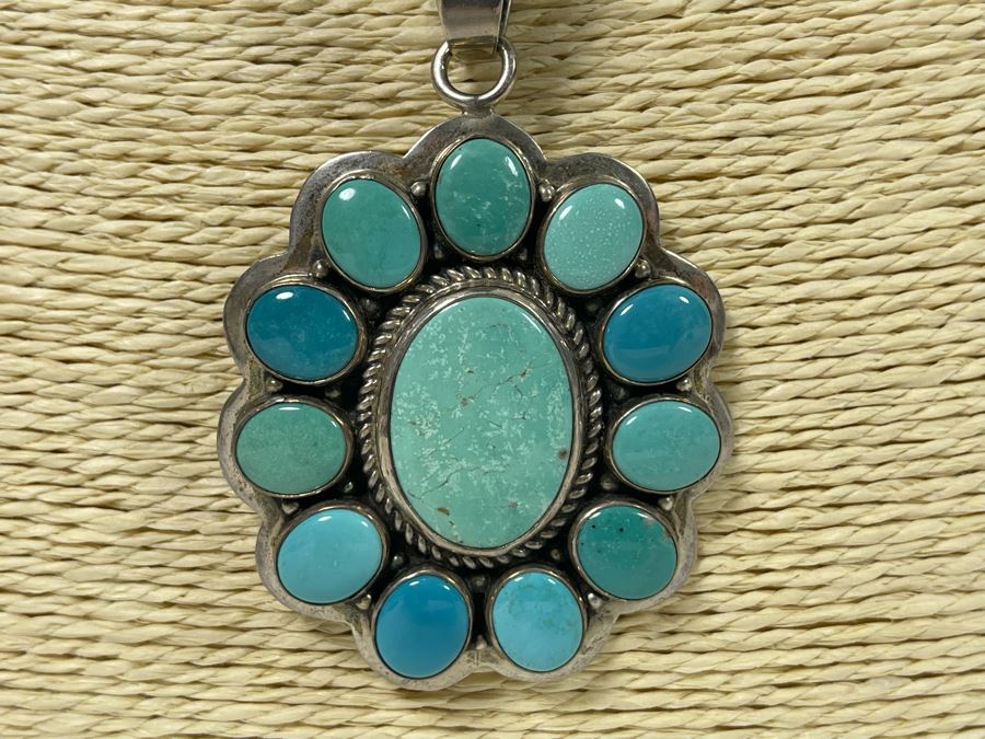 Signed Native American Sterling Silver Turquoise Pendant With Sterling Silver Necklace 81.9g [Photo 3]