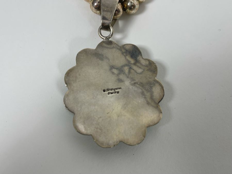 Signed Native American Sterling Silver Turquoise Pendant With Sterling Silver Necklace 81.9g [Photo 6]