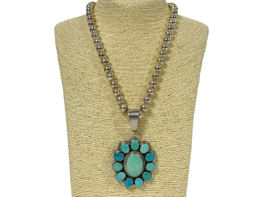 Signed Native American Sterling Silver Turquoise Pendant With Sterling Silver Necklace 81.9g [Photo 1]