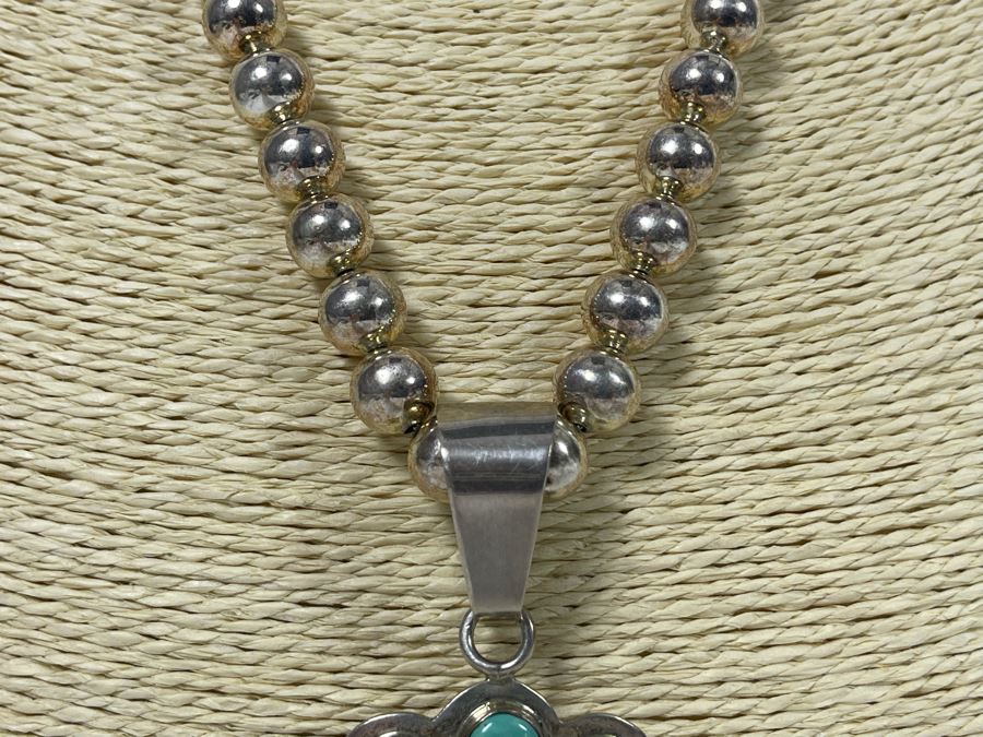 Signed Native American Sterling Silver Turquoise Pendant With Sterling Silver Necklace 81.9g [Photo 4]