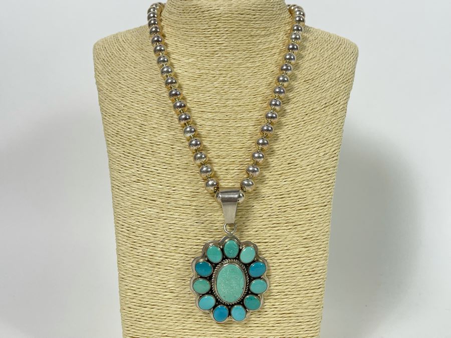 Signed Native American Sterling Silver Turquoise Pendant With Sterling Silver Necklace 81.9g [Photo 2]