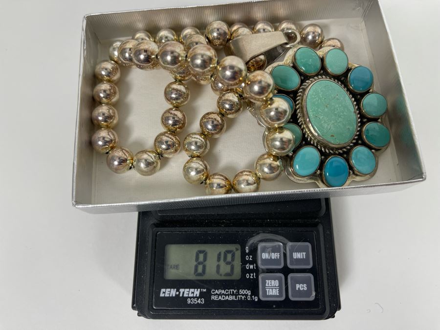 Signed Native American Sterling Silver Turquoise Pendant With Sterling Silver Necklace 81.9g [Photo 12]