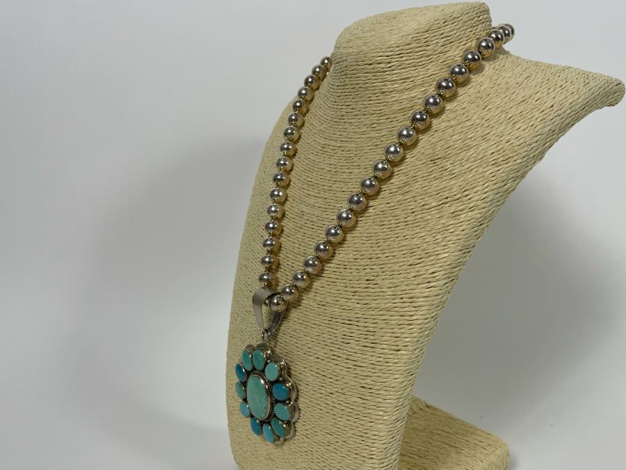 Signed Native American Sterling Silver Turquoise Pendant With Sterling Silver Necklace 81.9g [Photo 5]