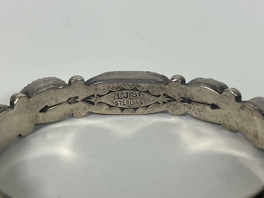 Signed Native American Sterling Silver Turquoise Bracelet By LJ Sr 30.5g [Photo 6]