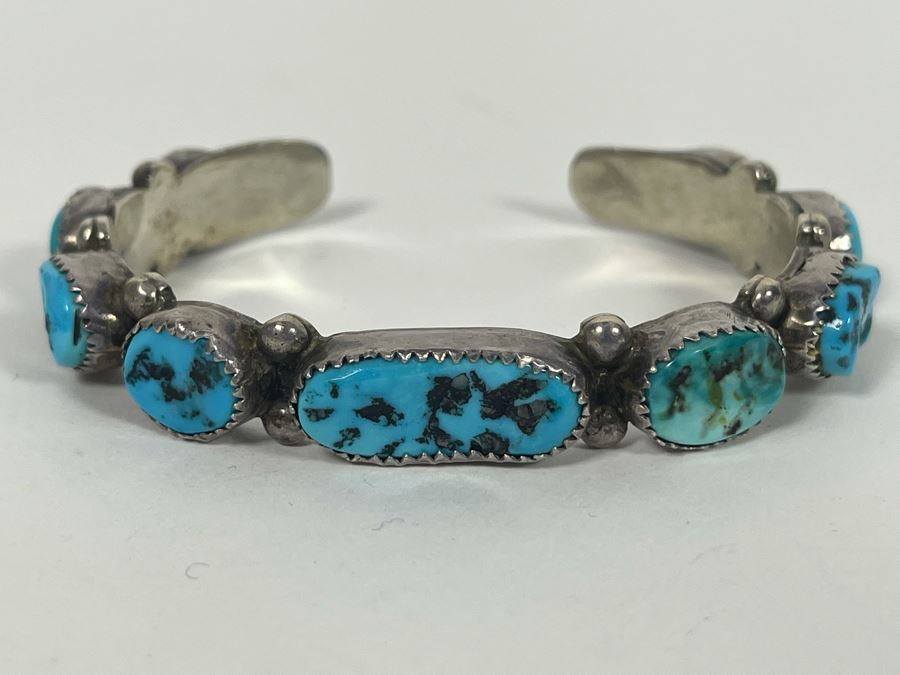 Signed Native American Sterling Silver Turquoise Bracelet By LJ Sr 30.5g [Photo 4]