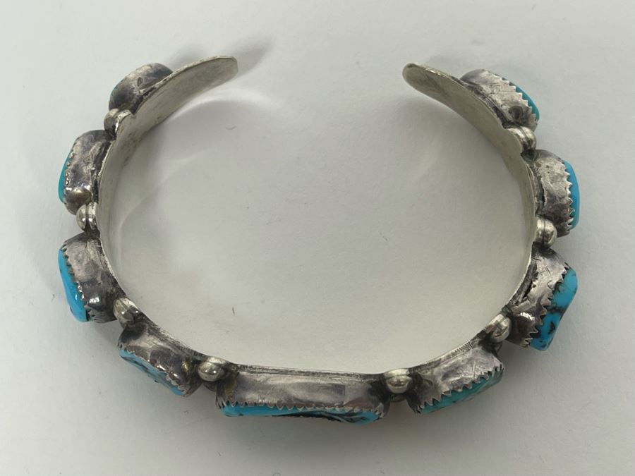Signed Native American Sterling Silver Turquoise Bracelet By LJ Sr 30.5g [Photo 5]