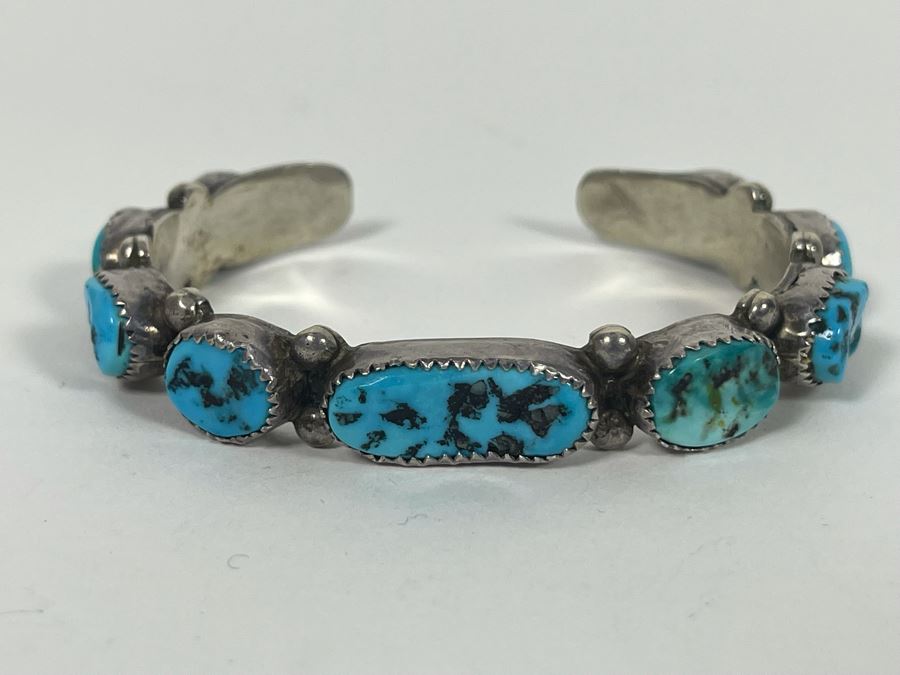 Signed Native American Sterling Silver Turquoise Bracelet By LJ Sr 30.5g [Photo 3]