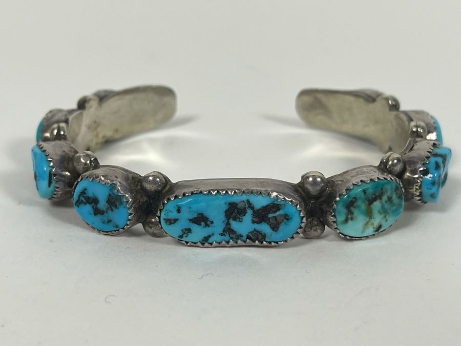 Signed Native American Sterling Silver Turquoise Bracelet By LJ Sr 30.5g [Photo 2]