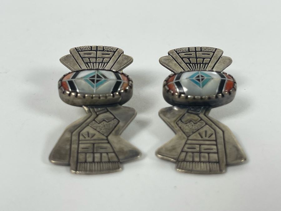 Signed Sterling Silver Inlay Earrings 10.2g [Photo 5]