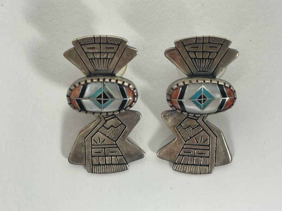 Signed Sterling Silver Inlay Earrings 10.2g [Photo 6]