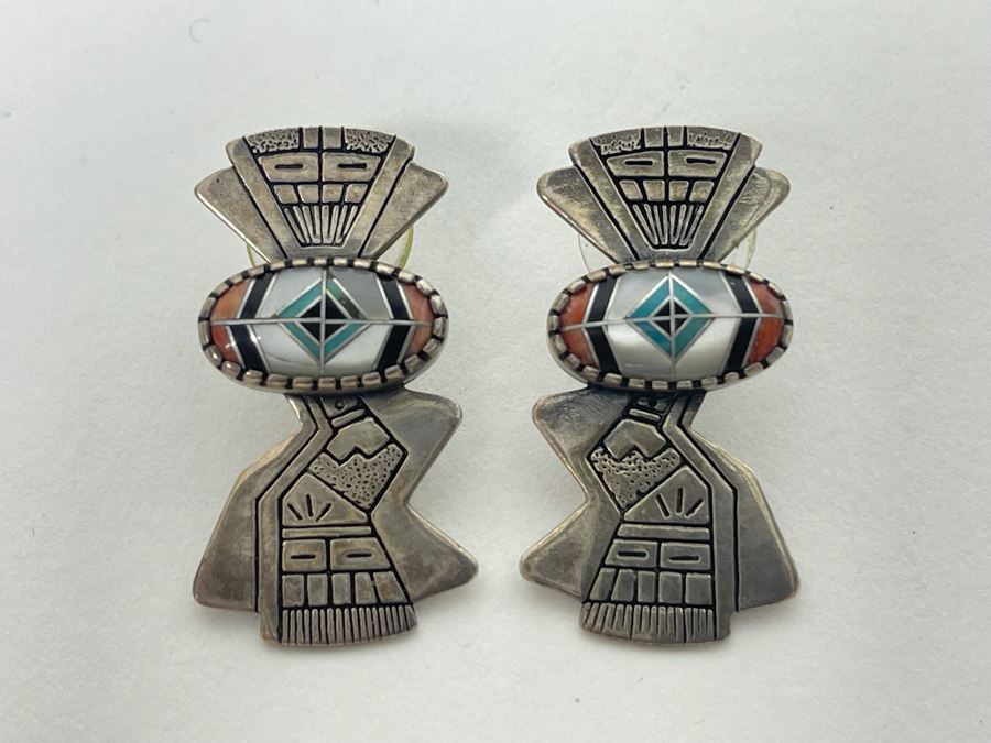 Signed Sterling Silver Inlay Earrings 10.2g [Photo 2]