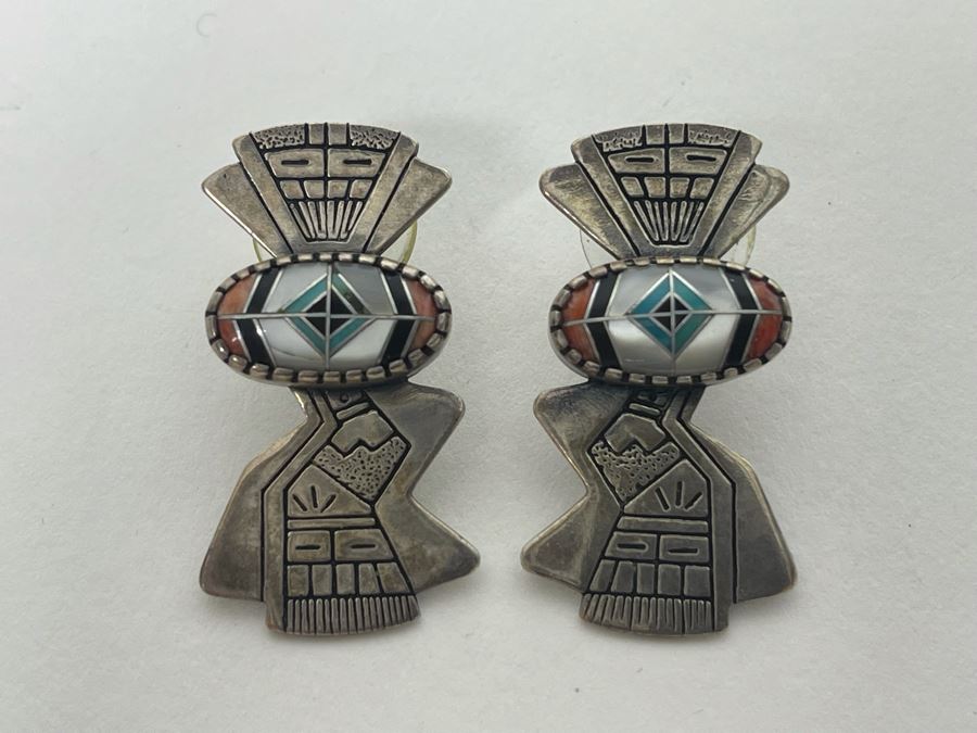 Signed Sterling Silver Inlay Earrings 10.2g [Photo 3]