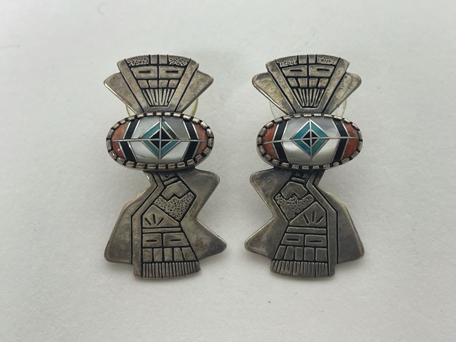 Signed Sterling Silver Inlay Earrings 10.2g [Photo 4]