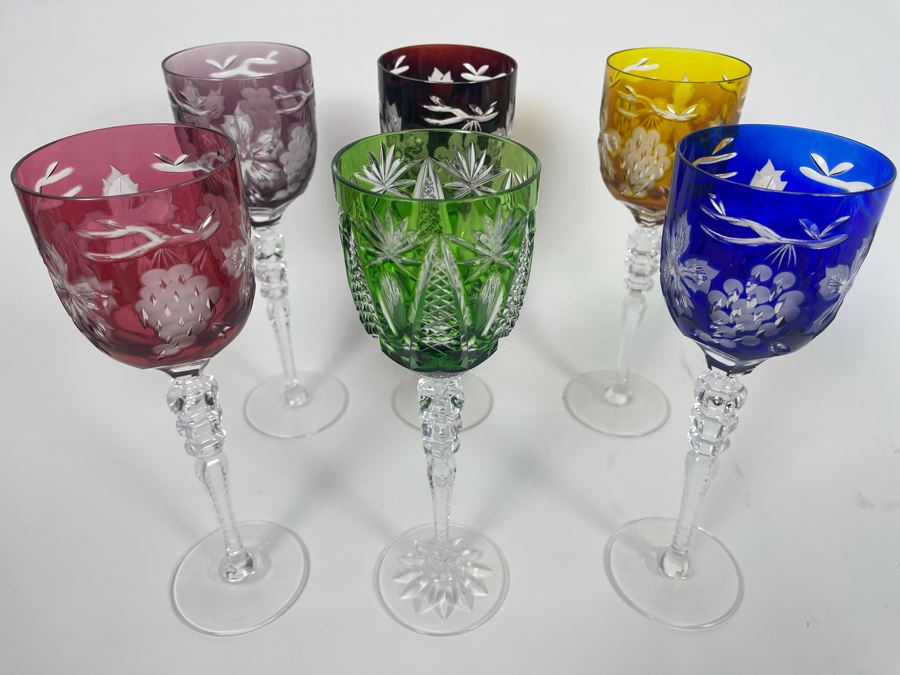 (6) Colored Cut Crystal Stemware Glasses 10H