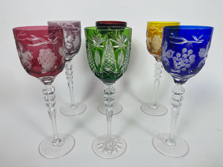 (6) Colored Cut Crystal Stemware Glasses 10H