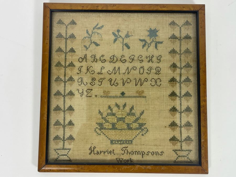 Antique American Needlework Sampler Framed By Harriet Thompson 9 X 9 [Photo 2]