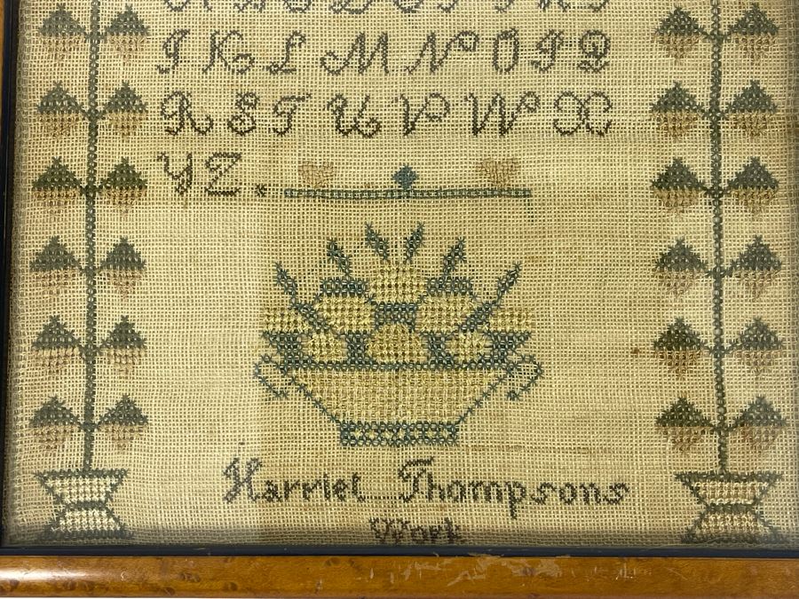Antique American Needlework Sampler Framed By Harriet Thompson 9 X 9 [Photo 5]