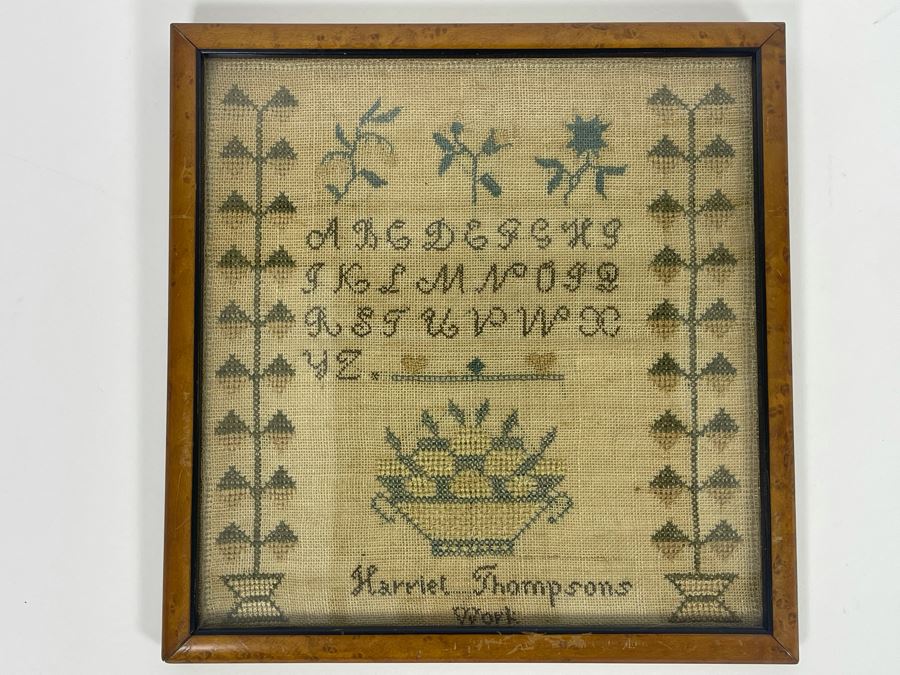 Antique American Needlework Sampler Framed By Harriet Thompson 9 X 9 [Photo 3]