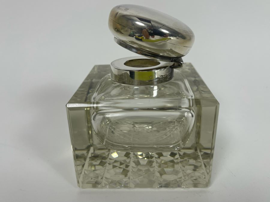 Antique Crystal Inkwell With Marked English Sterling Silver Lid 3W X 4H [Photo 16]