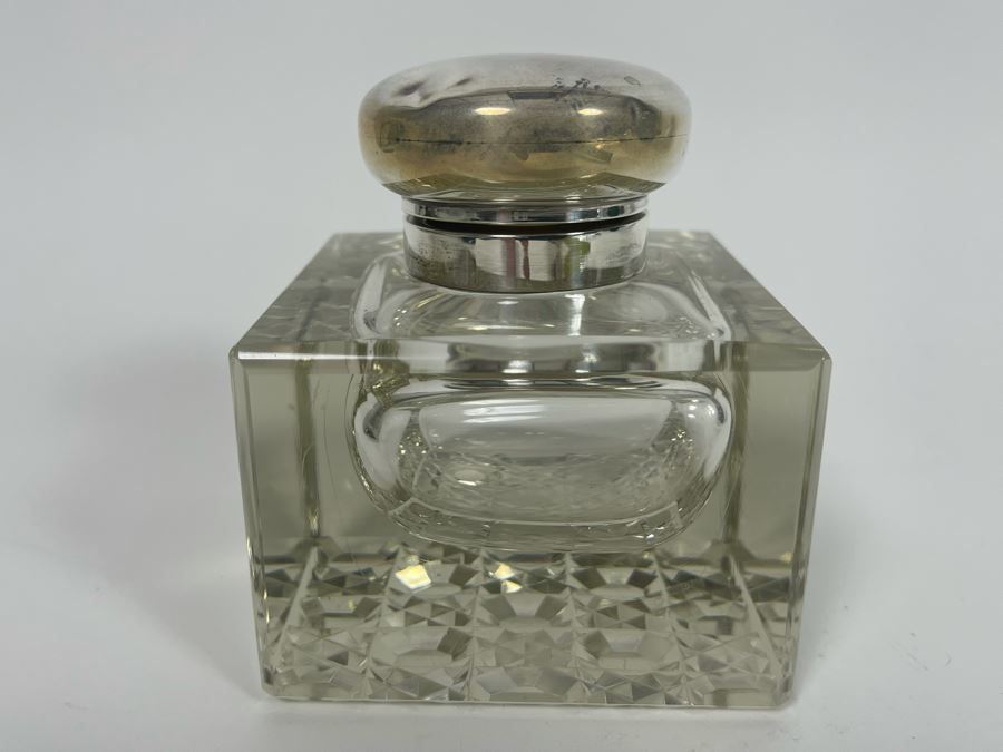 Antique Crystal Inkwell With Marked English Sterling Silver Lid 3W X 4H [Photo 4]