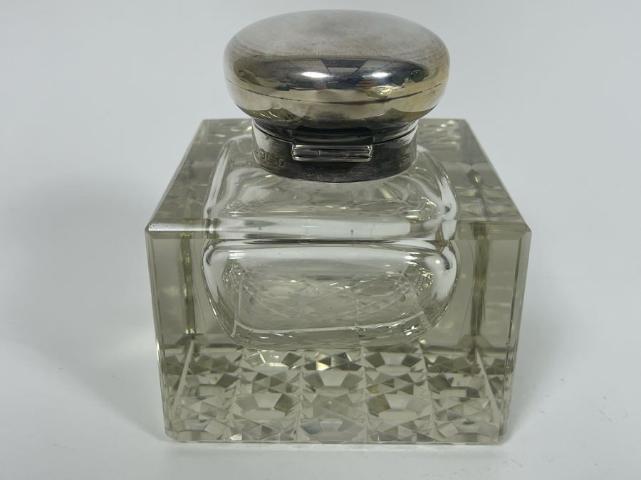 Antique Crystal Inkwell With Marked English Sterling Silver Lid 3W X 4H