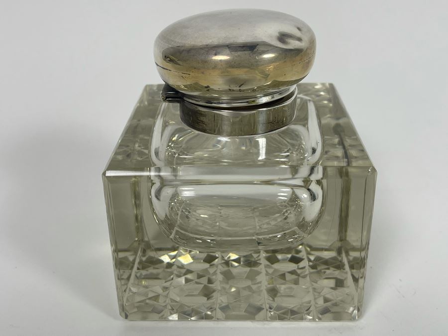 Antique Crystal Inkwell With Marked English Sterling Silver Lid 3W X 4H [Photo 13]