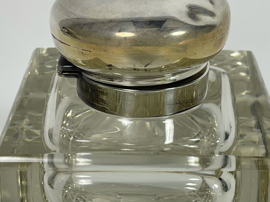 Antique Crystal Inkwell With Marked English Sterling Silver Lid 3W X 4H [Photo 12]