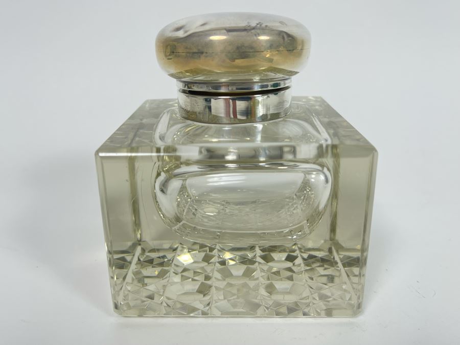 Antique Crystal Inkwell With Marked English Sterling Silver Lid 3W X 4H [Photo 5]