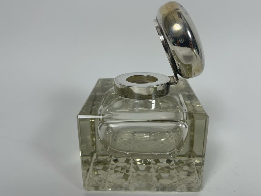 Antique Crystal Inkwell With Marked English Sterling Silver Lid 3W X 4H [Photo 9]