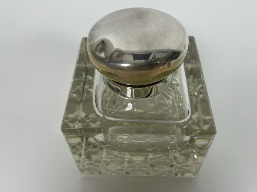 Antique Crystal Inkwell With Marked English Sterling Silver Lid 3W X 4H