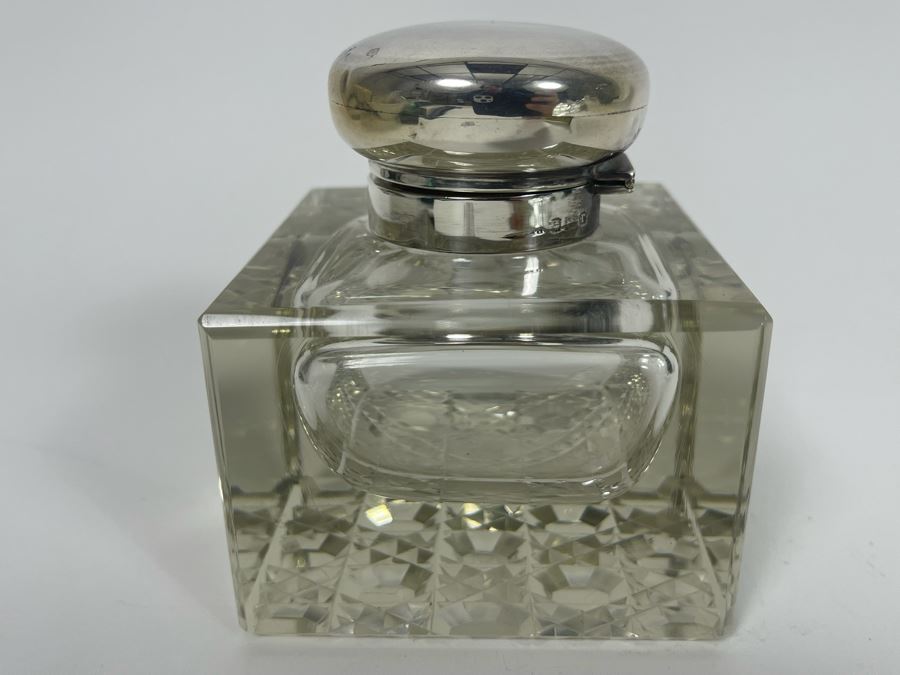 Antique Crystal Inkwell With Marked English Sterling Silver Lid 3W X 4H