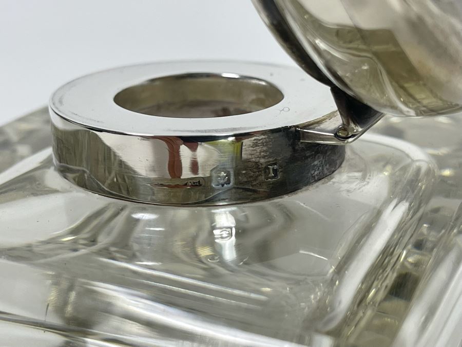 Antique Crystal Inkwell With Marked English Sterling Silver Lid 3W X 4H [Photo 2]