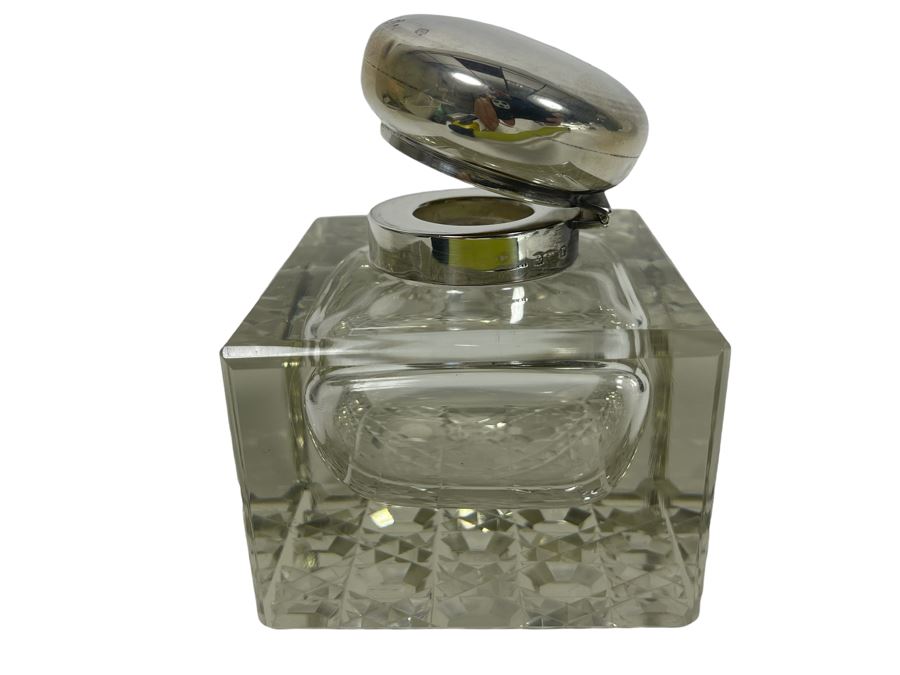 Antique Crystal Inkwell With Marked English Sterling Silver Lid 3W X 4H [Photo 3]