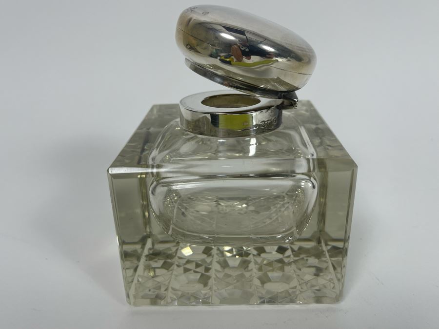 Antique Crystal Inkwell With Marked English Sterling Silver Lid 3W X 4H [Photo 17]