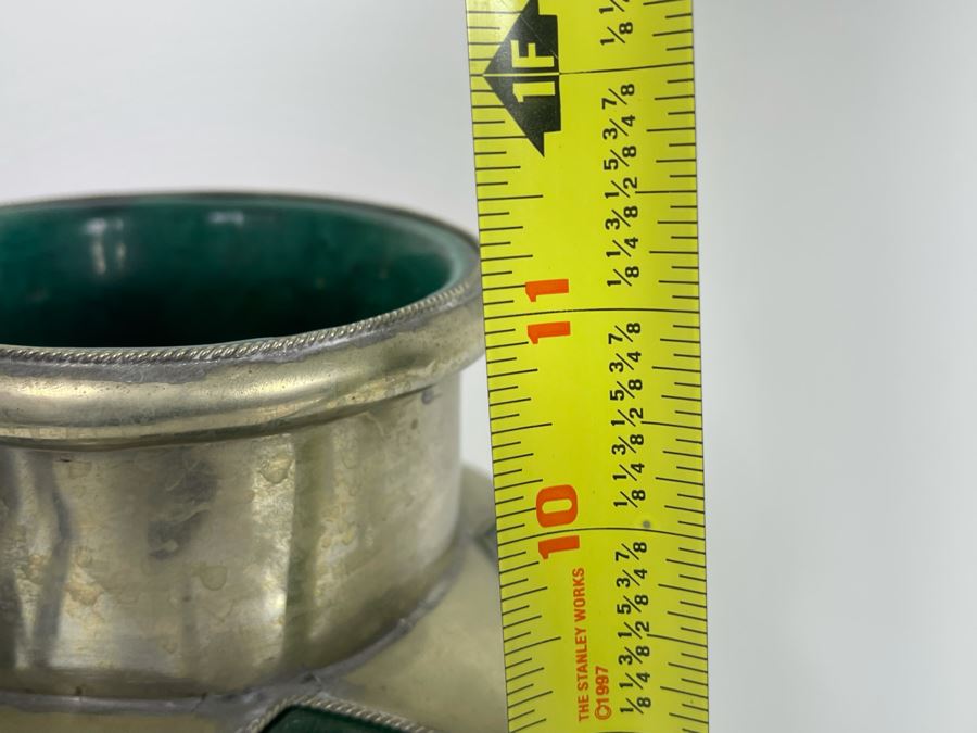 Green Pottery Vase With Metal Accents 11H [Photo 7]