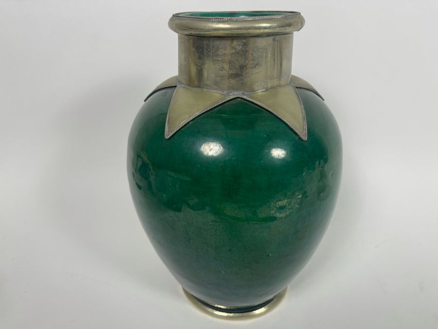 Green Pottery Vase With Metal Accents 11H [Photo 3]