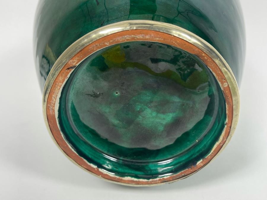 Green Pottery Vase With Metal Accents 11H [Photo 6]