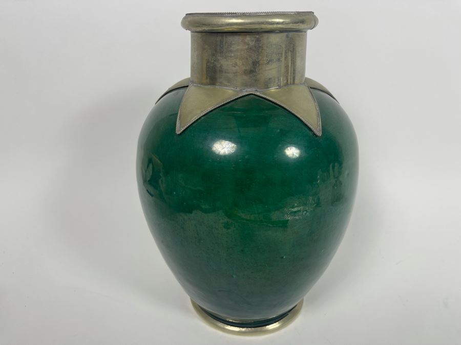 Green Pottery Vase With Metal Accents 11H [Photo 2]